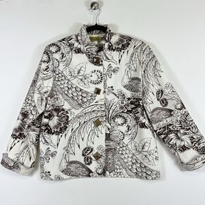 Painted‎ Pony Ivory Brown Artsy Peacock Floral Jacket Coat Women's Sz Medium NEW